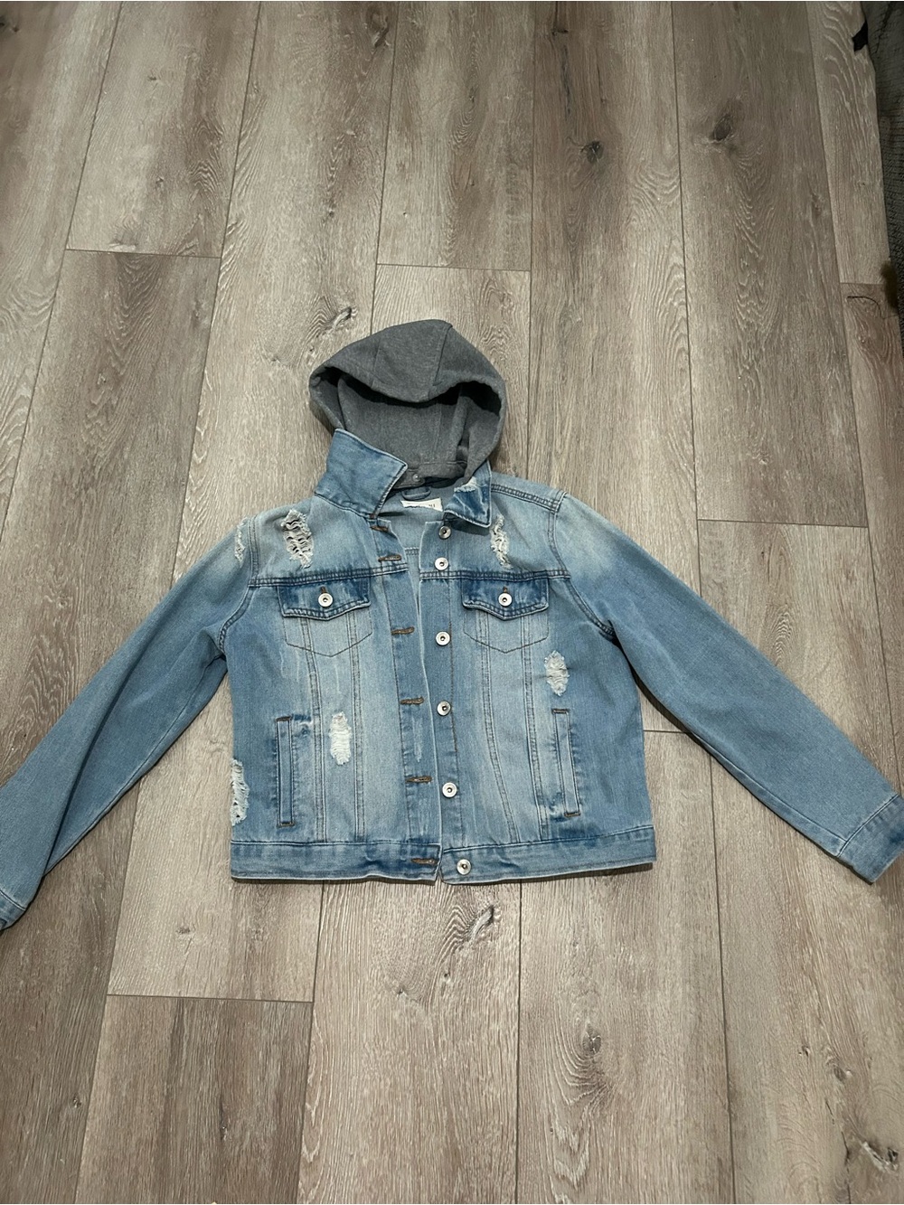 Light Blue Distressed Denim Jacket with Grey Hood🩶💎